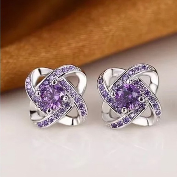 Silver Filled and Purple CZ Stud Earrings - Picture 2 of 4